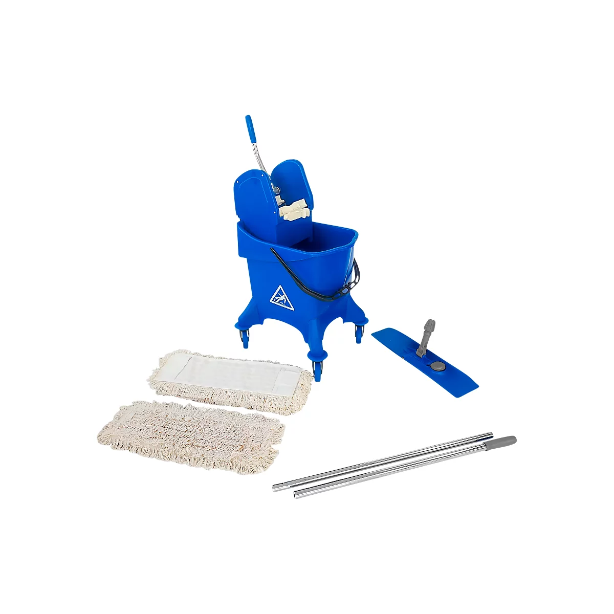 Blue cleaning cart with accessories: bucket, mop, two mop pads and handle. Standing on a white background.