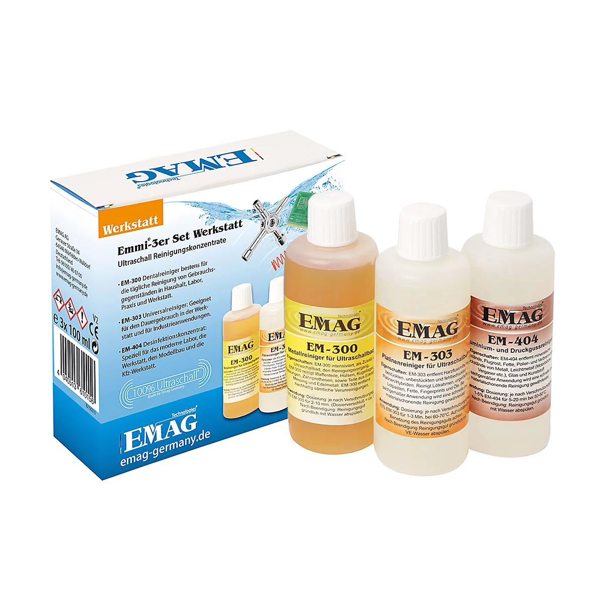 Complete set ultrasoon reiniger concentraten EMAG werkplaats, 3 x telkens 100 ml, voor werkplaatsen