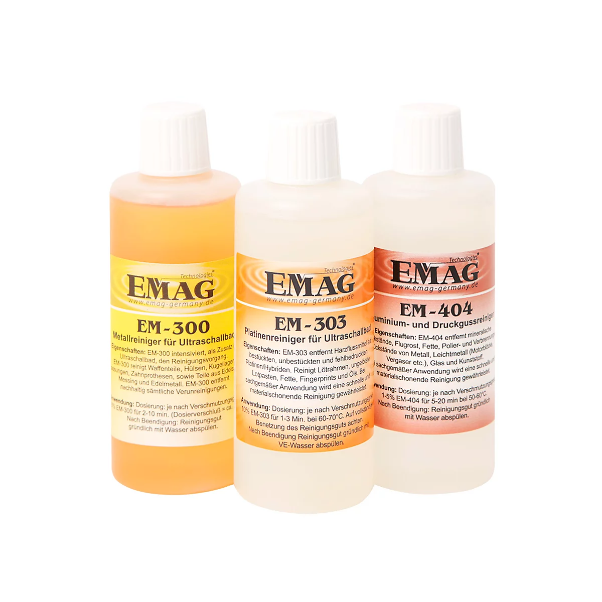Complete set ultrasoon reiniger concentraten EMAG werkplaats, 3 x telkens 100 ml, voor werkplaatsen