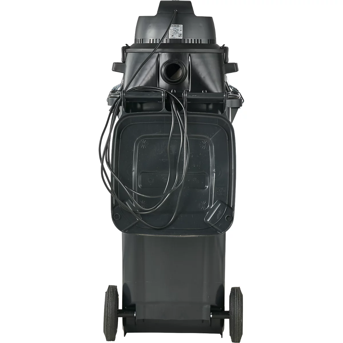 Black industrial vacuum cleaner, back view. Hoses, wheels, and housing are visible.