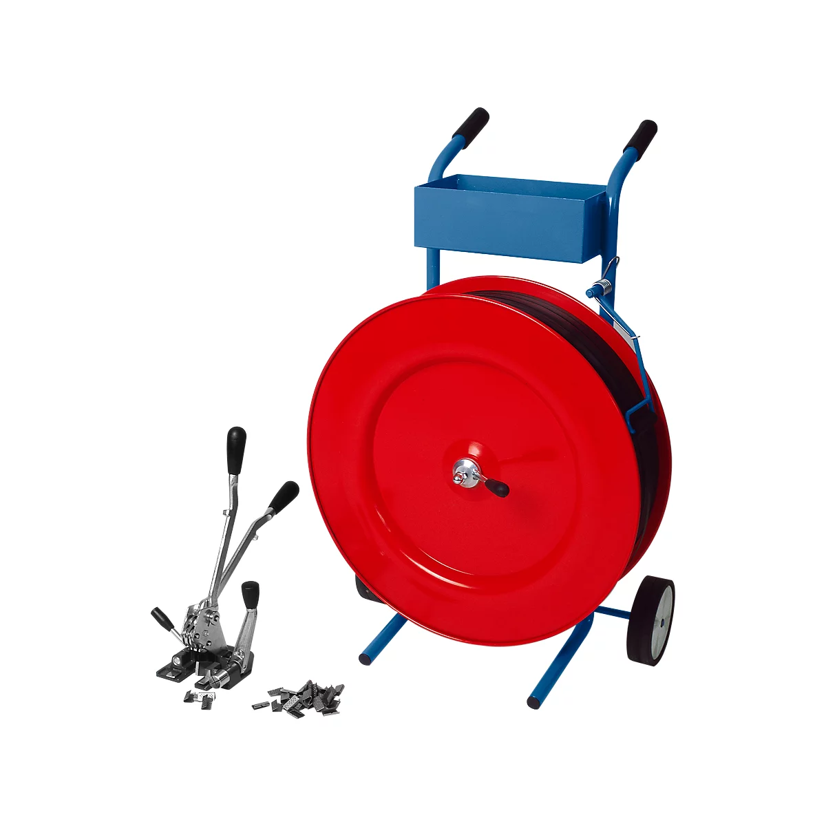 Strapping tape cart with red colored roll, roll tensioning tool and metal clips.