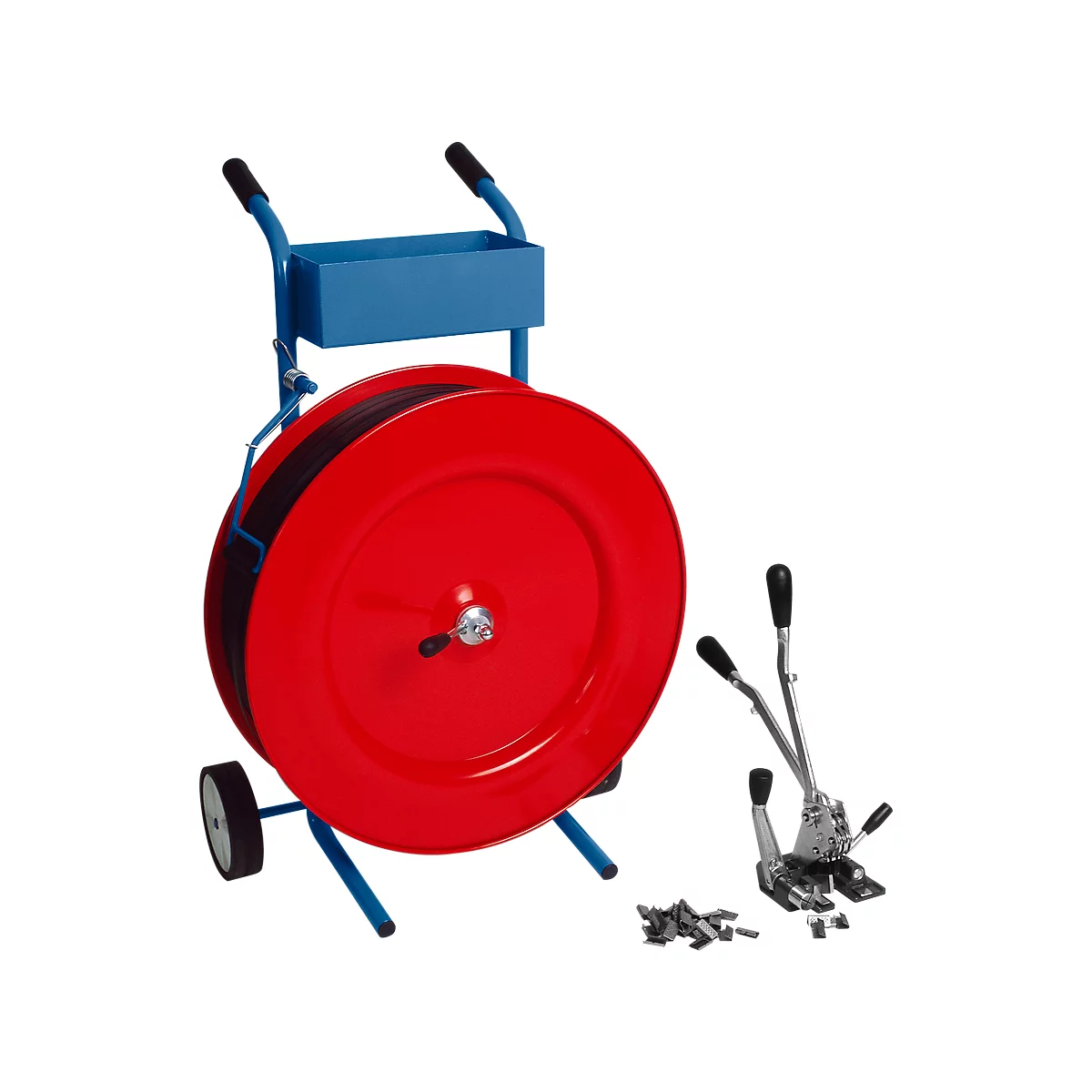 Red and blue packaging machine with strapping, tool and clips on a white background.