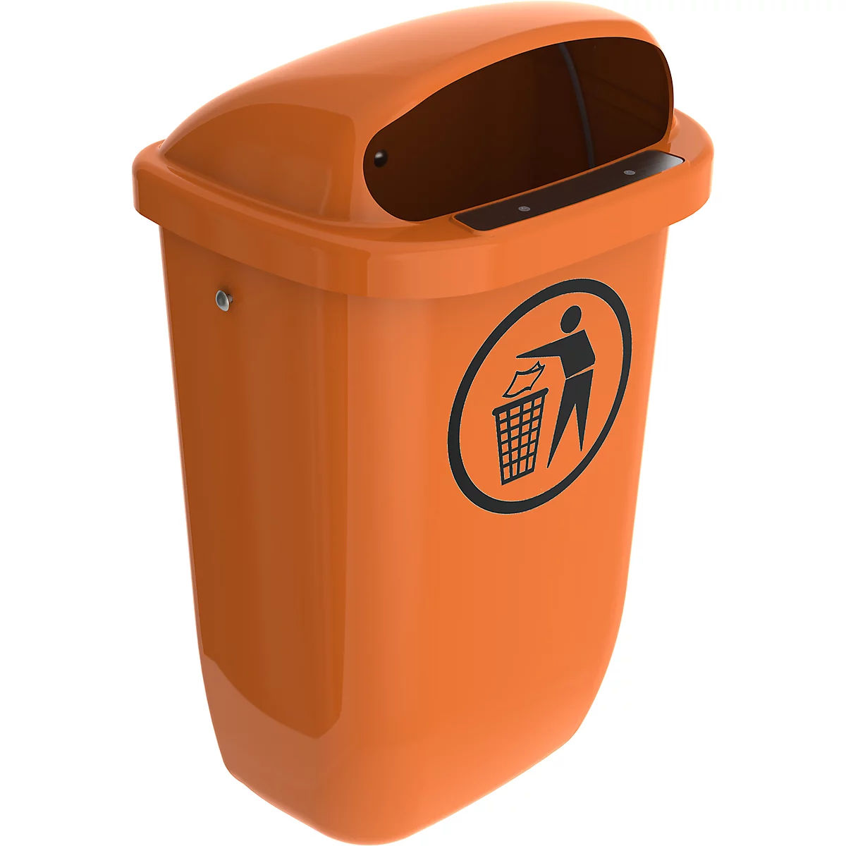 An orange trash can with a lid and the 'throw away trash' pictogram.