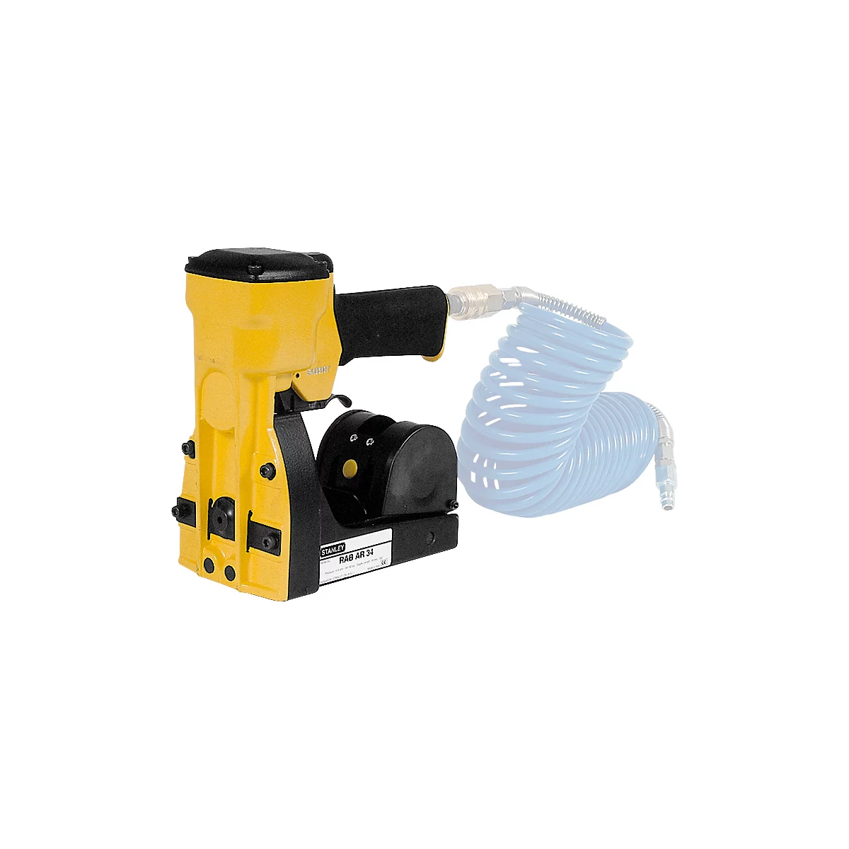Yellow and black pneumatic nailer with a blue spiral hose. The device says 'RAB AR 34'.
