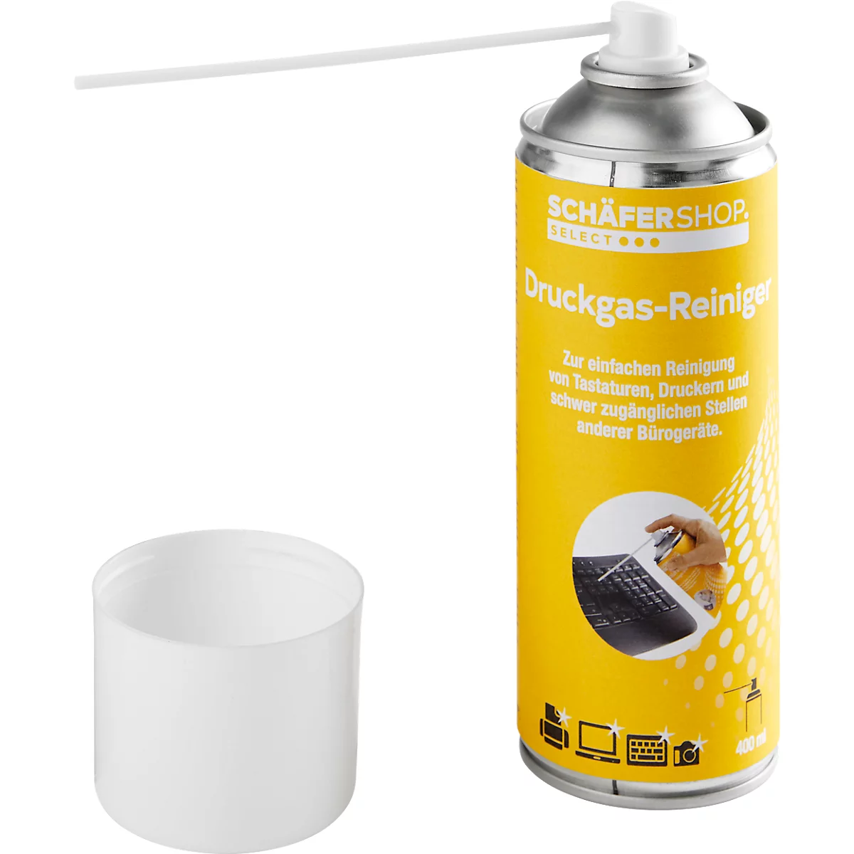Pressurized gas cleaner with white cap and spray nozzle. Yellow and silver can with text.