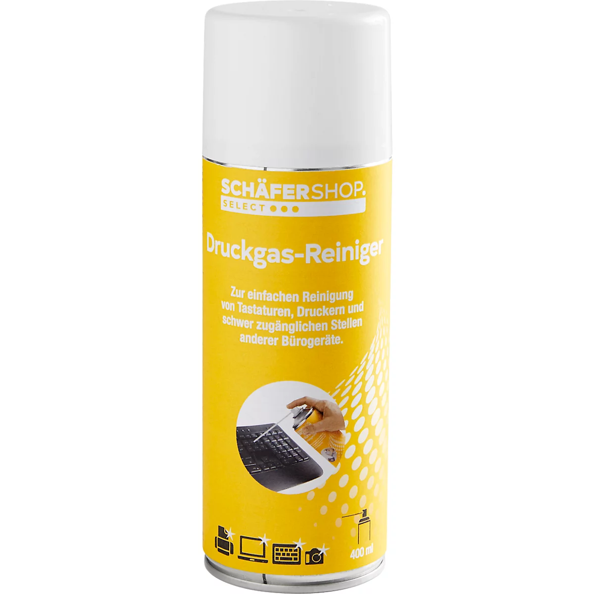A can of compressed air cleaner with a yellow label and white lid. The label reads "Druckgas-Reiniger".