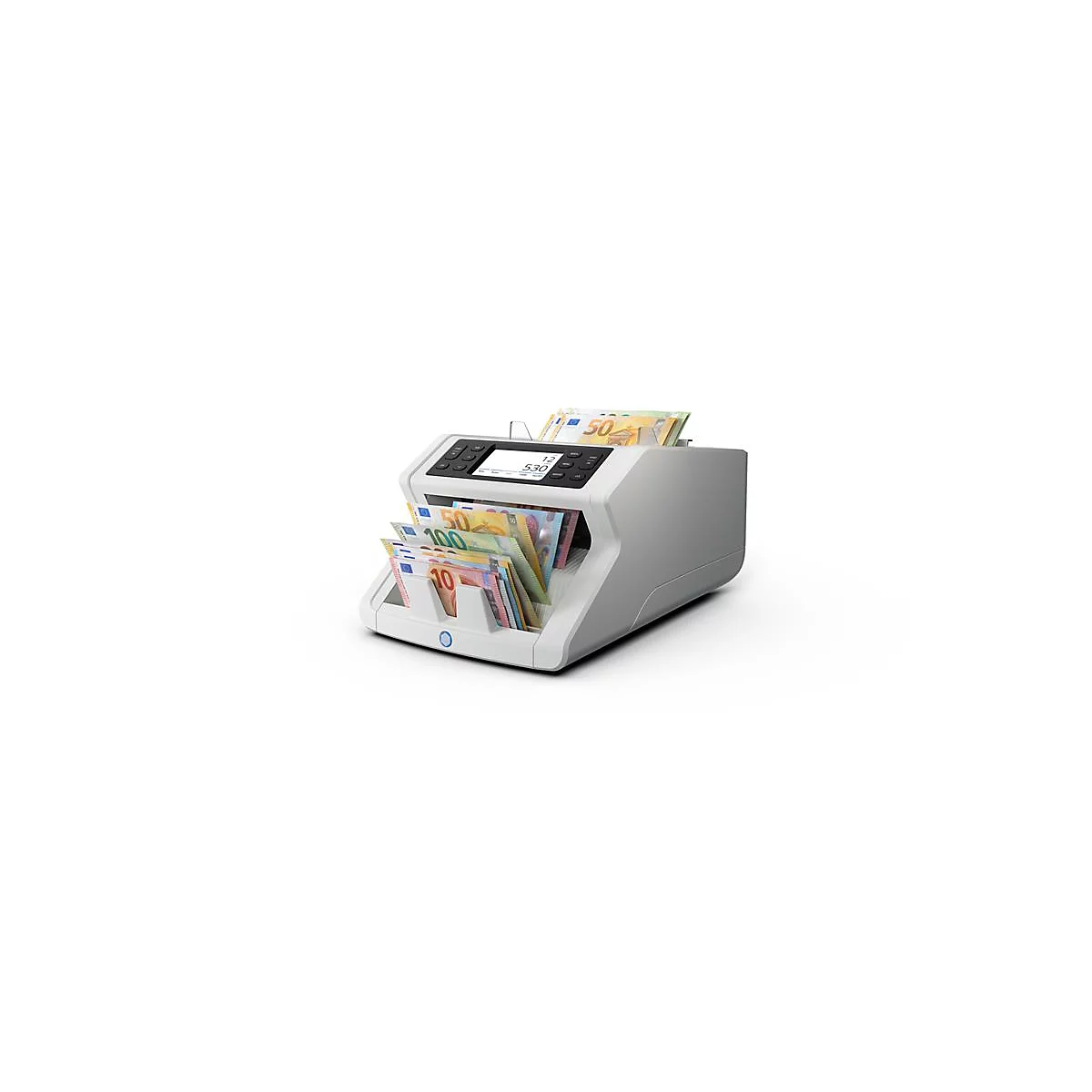 Machine de comptage de billets de banque avec de l'argent liquide. Machine blanche avec écran et commandes.