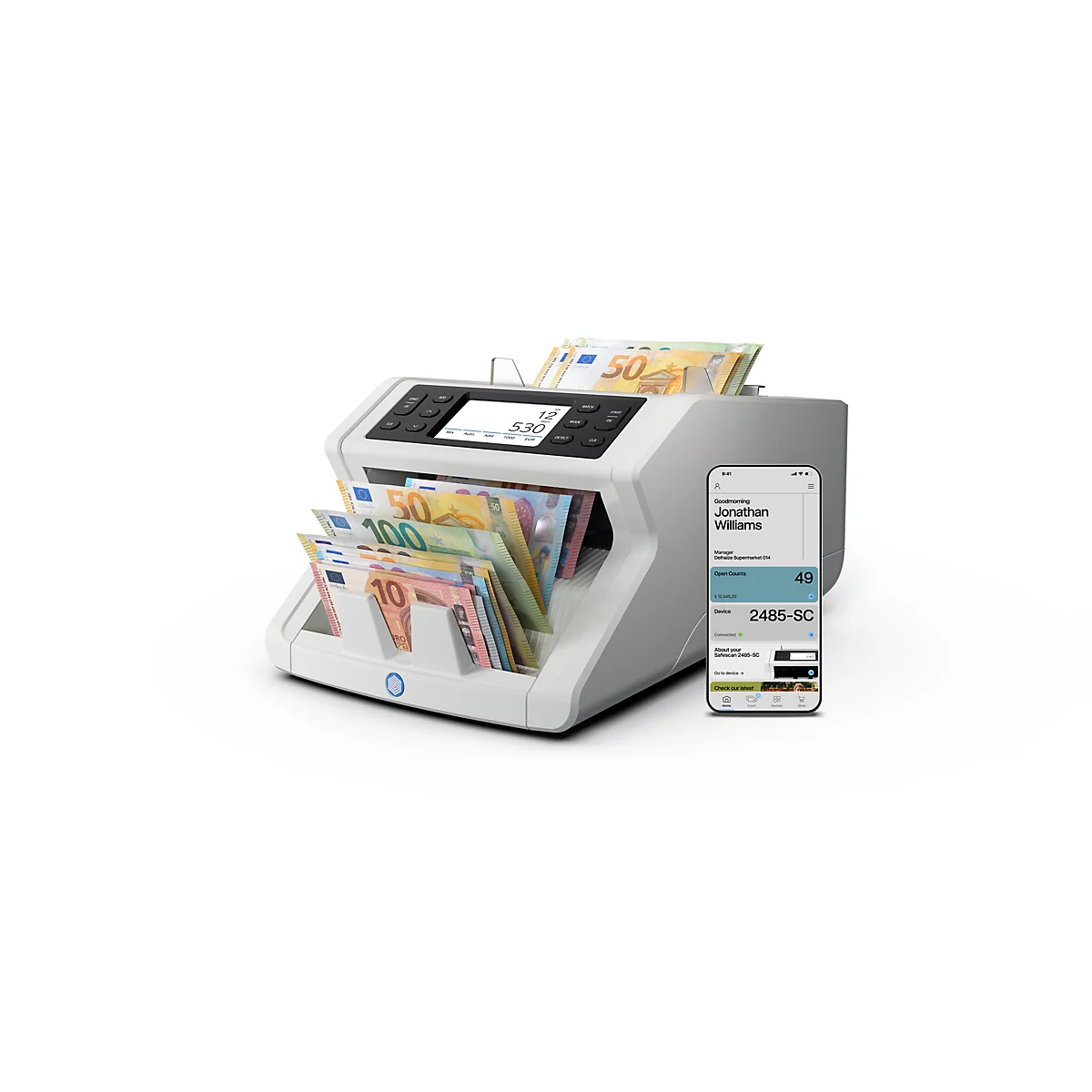 Machine de comptage de billets avec billets et smartphone affichant les détails.