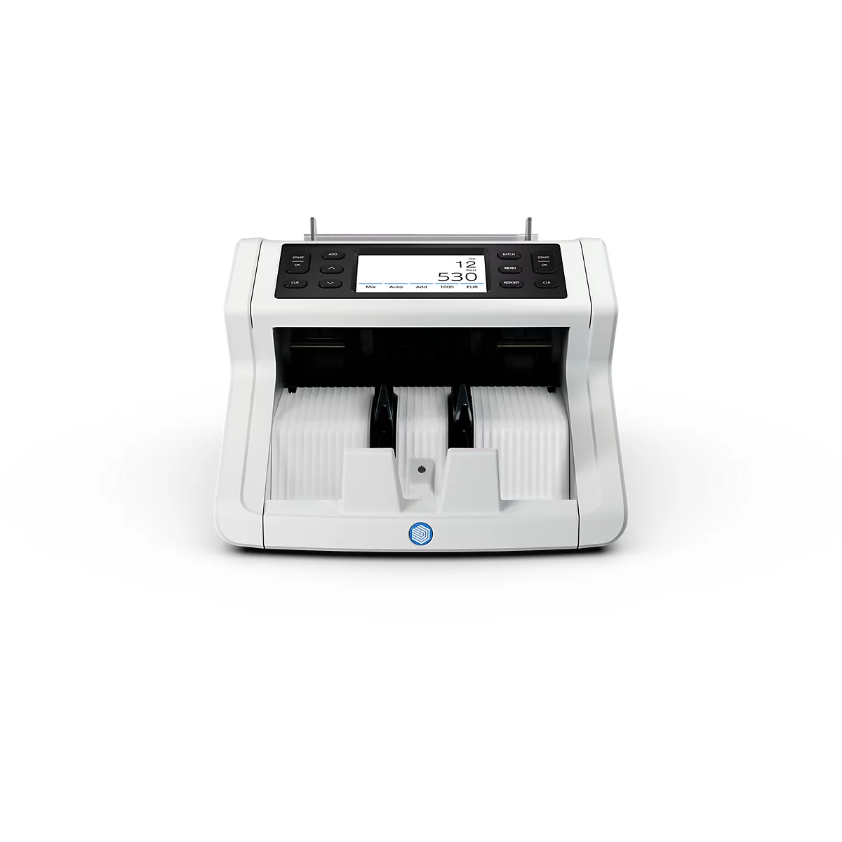 Machine à compter les espèces blanche. Affichage en haut, compartiments d'entrée et de sortie en dessous.