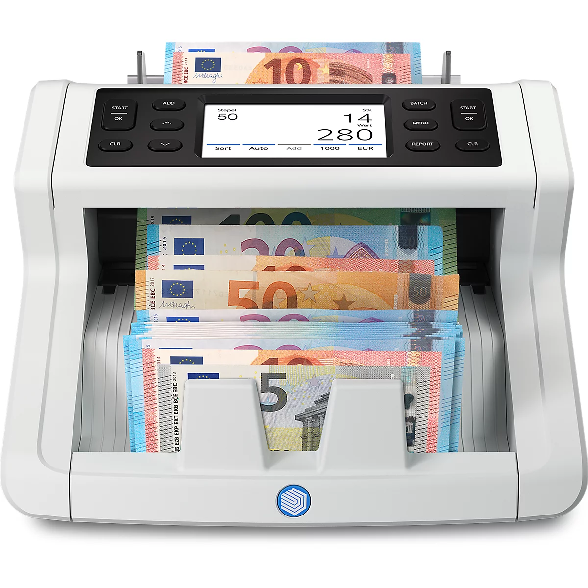 Une machine à compter l'argent avec des billets en euros qui sont introduits et distribués. Les chiffres sont affichés à l'écran.
