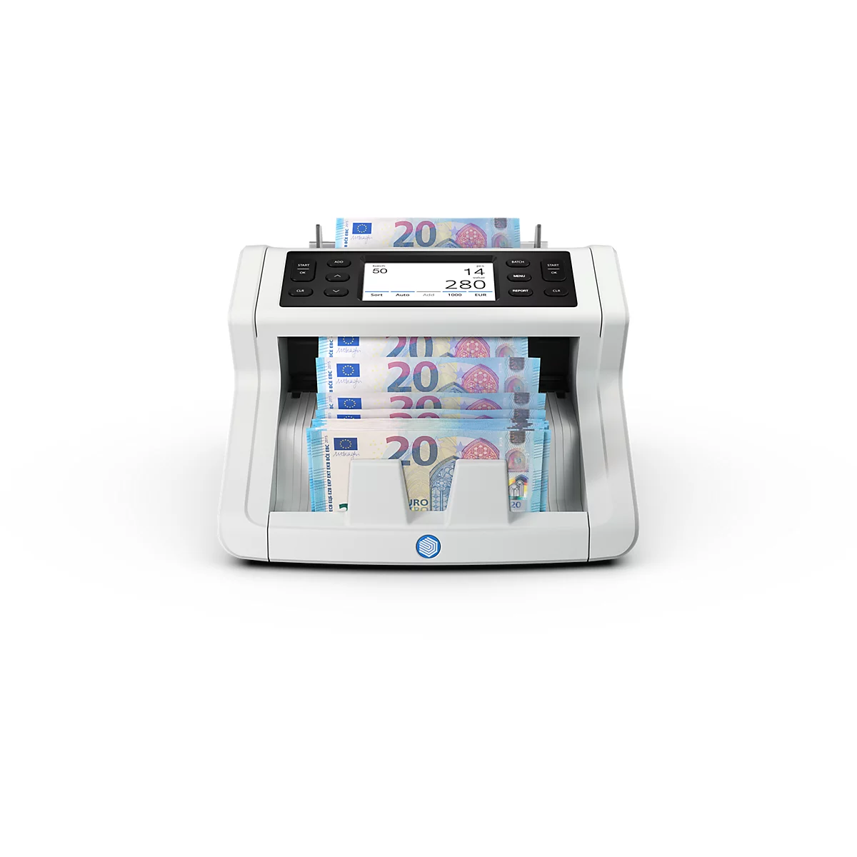 Machine de comptage de billets avec billets en euros.