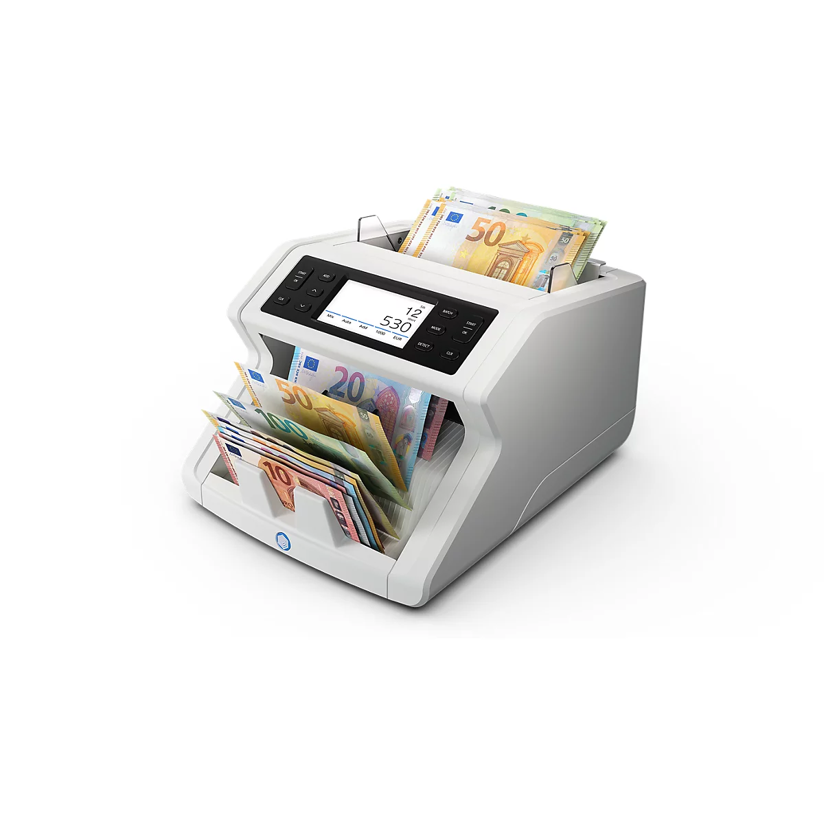 Compteur de billets de banque avec billets en euros, l'écran affiche 530. Des billets de différentes couleurs sont en haut et en bas.
