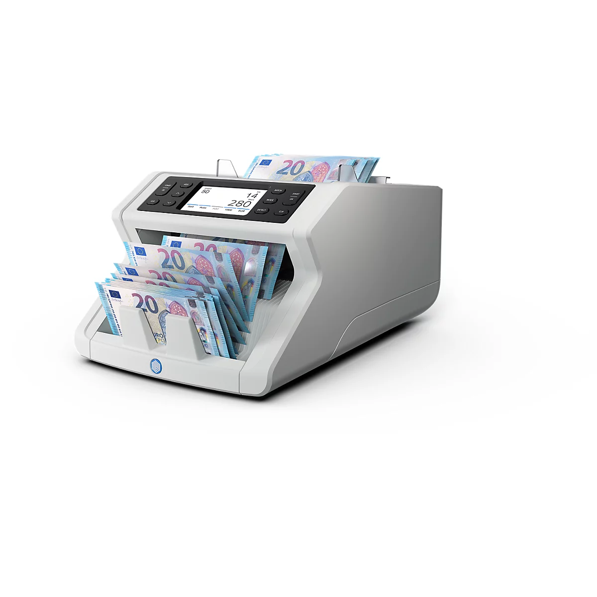 Une machine à compter l'argent avec des billets en euros. Sur l'écran : 280. Les billets sont dans les compartiments de sortie.