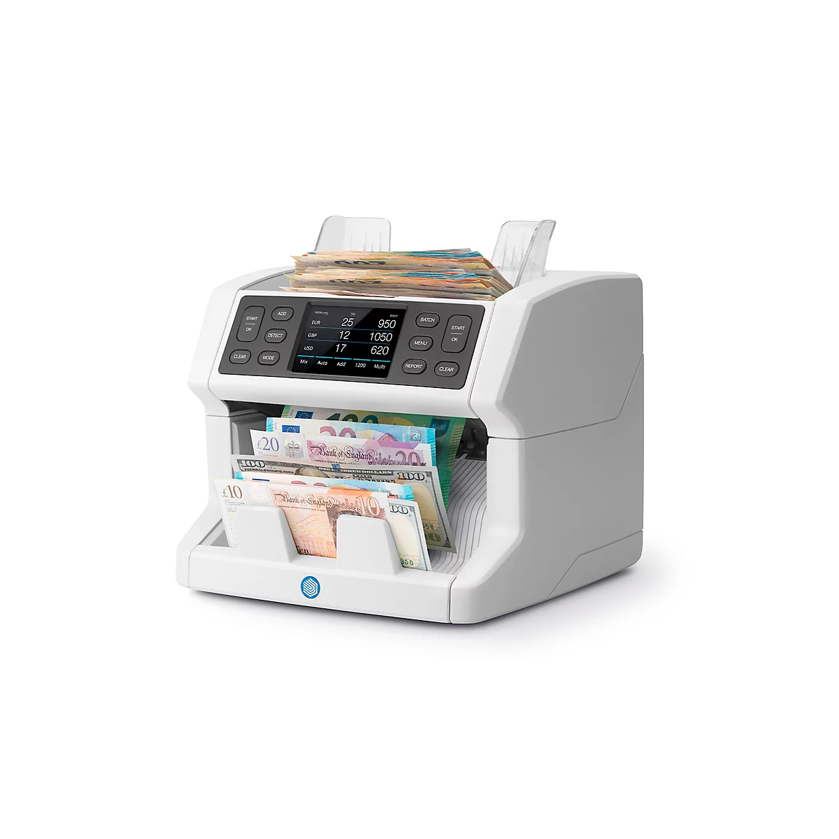 Compteuse de billets Safescan 2865-S, norme BCE, compteur de pièces et de valeurs, détection de devises et contrôle d'authenticité, jusqu'à 1500 billets/minute et jusqu'à 3 devises.