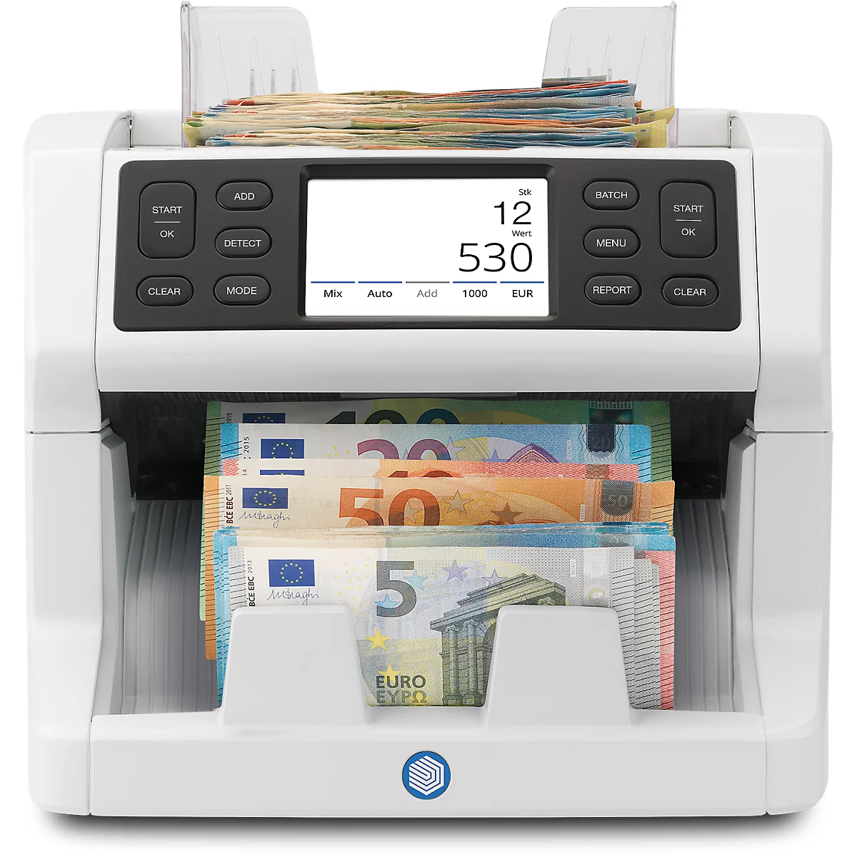 Compteuse de billets avec smartphone et imprimante. Les billets sont dans le compartiment. L'écran affiche la valeur.