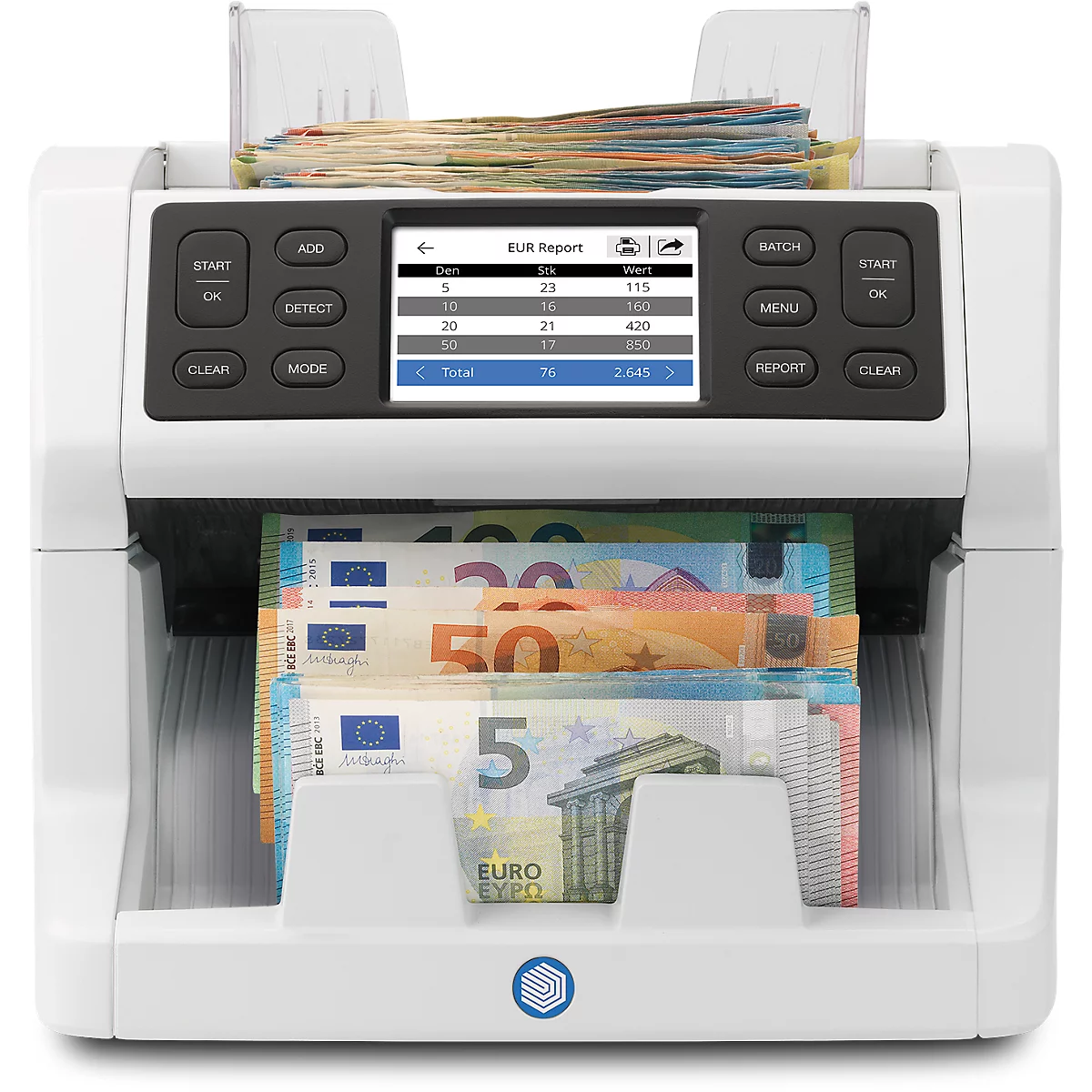 Une machine à compter l'argent avec des billets en euros. L'écran affiche une somme de 1000 euros.