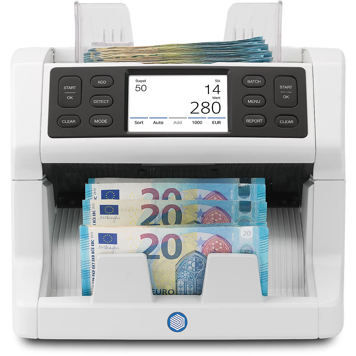 Compteuse de billets blanche. Affichage : 14/280. Boutons noirs et compartiments pour les billets.