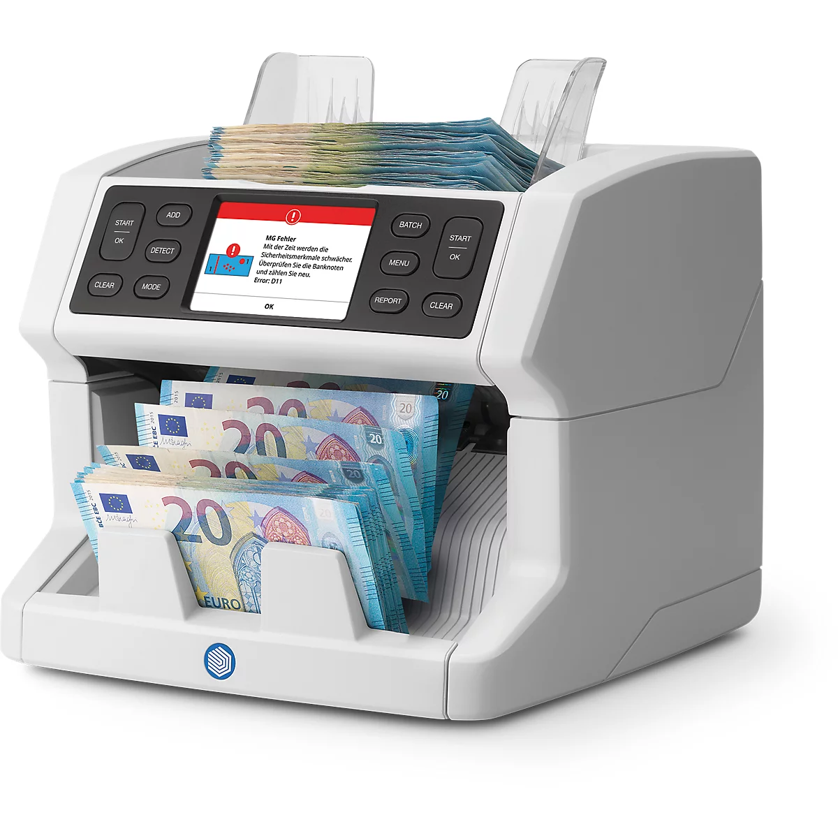 Compte-billets avec billets en euros et application pour smartphone avec informations de compte.