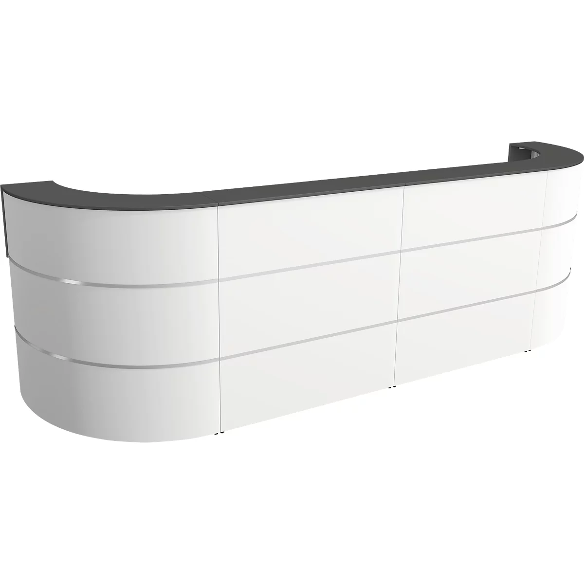Un comptoir de réception blanc et incurvé, avec un dessus gris et des bordures argentées. Le comptoir a une esthétique moderne et minimaliste.