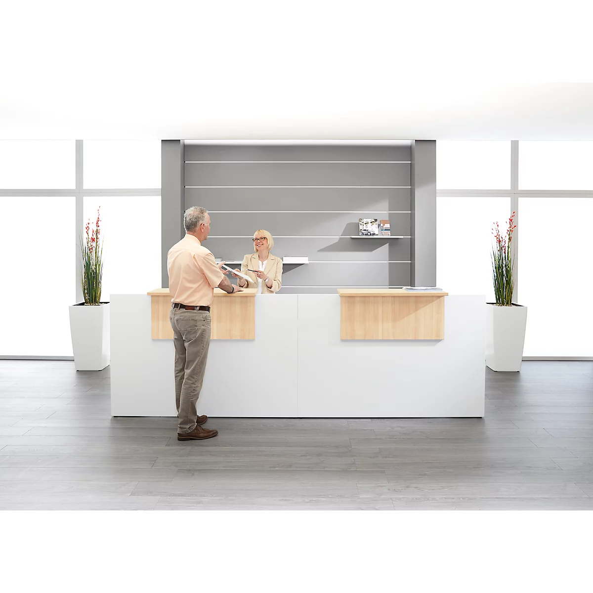 Comptoir Come-In, 2 étagères, droit, largeur 3200 mm, coloris blanc/érable 