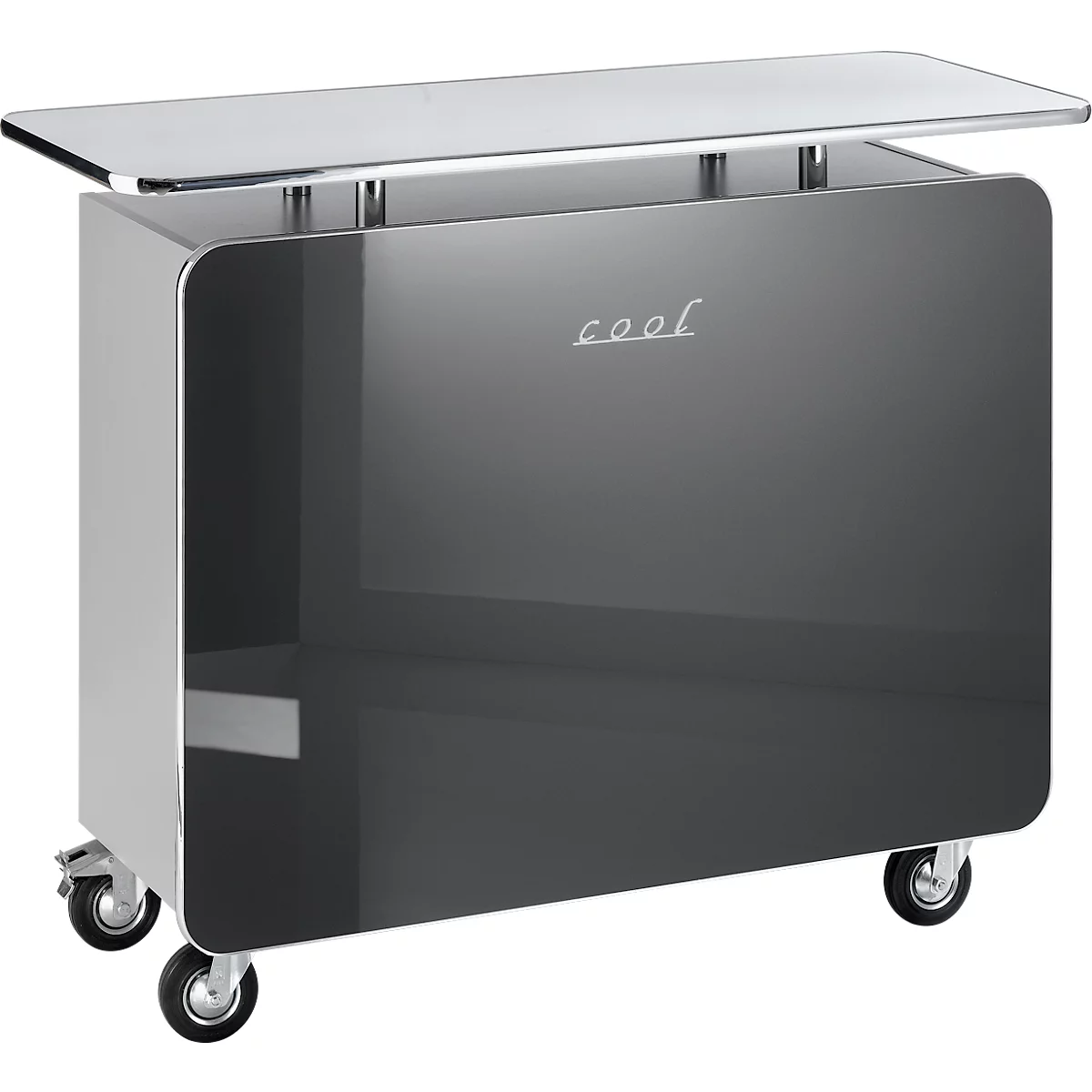 Une table d'appoint grise avec des roues, une surface brillante et le mot "cool" en lettres blanches.
