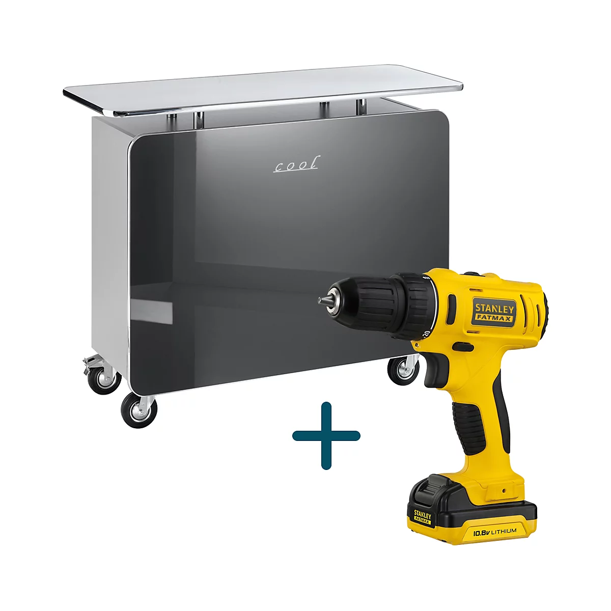 Comptoir roulant gris avec l'inscription "cool" et une perceuse sans fil jaune à côté.