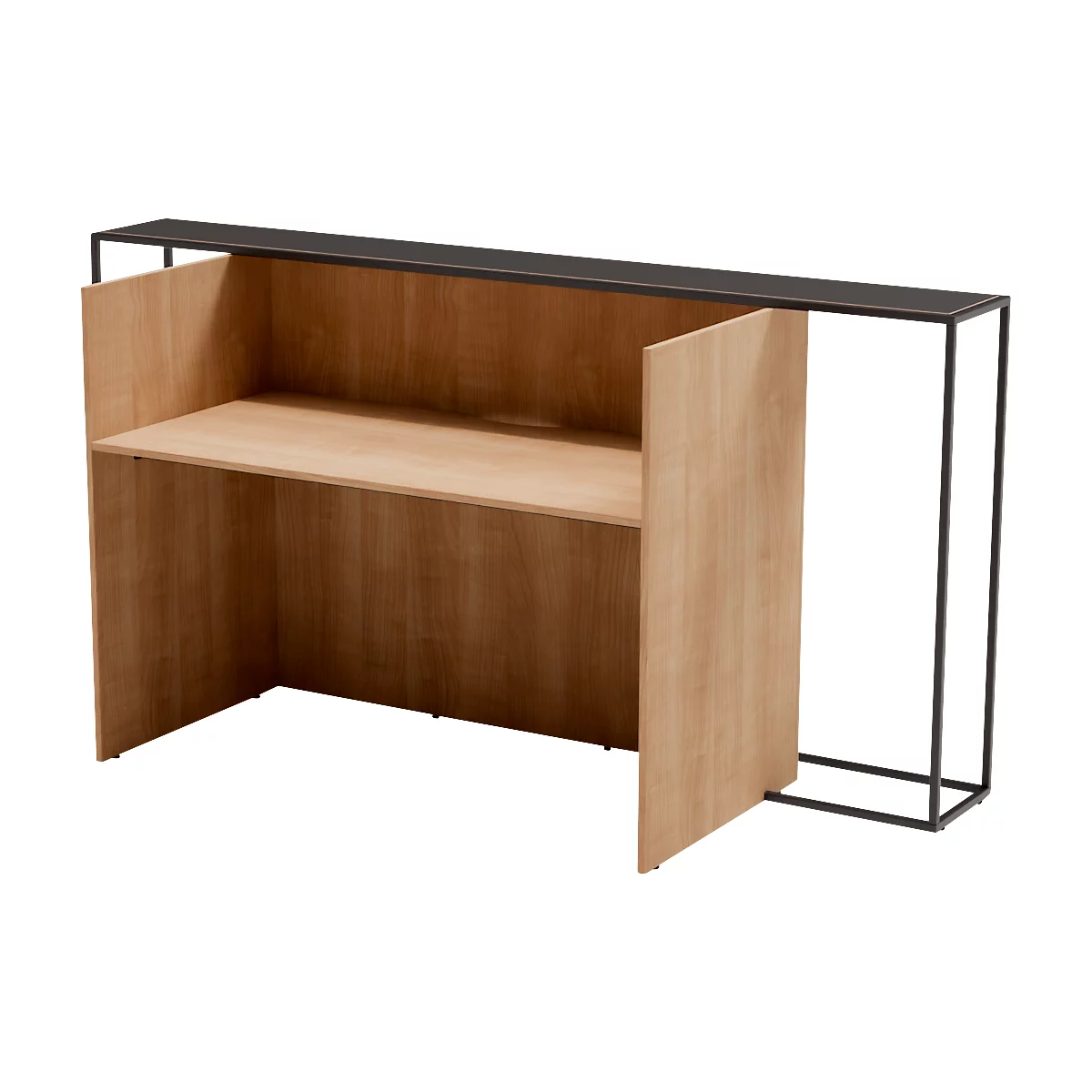 Bureau brun clair avec cadre et étagère noirs. L'avant est ouvert et montre une autre étagère.