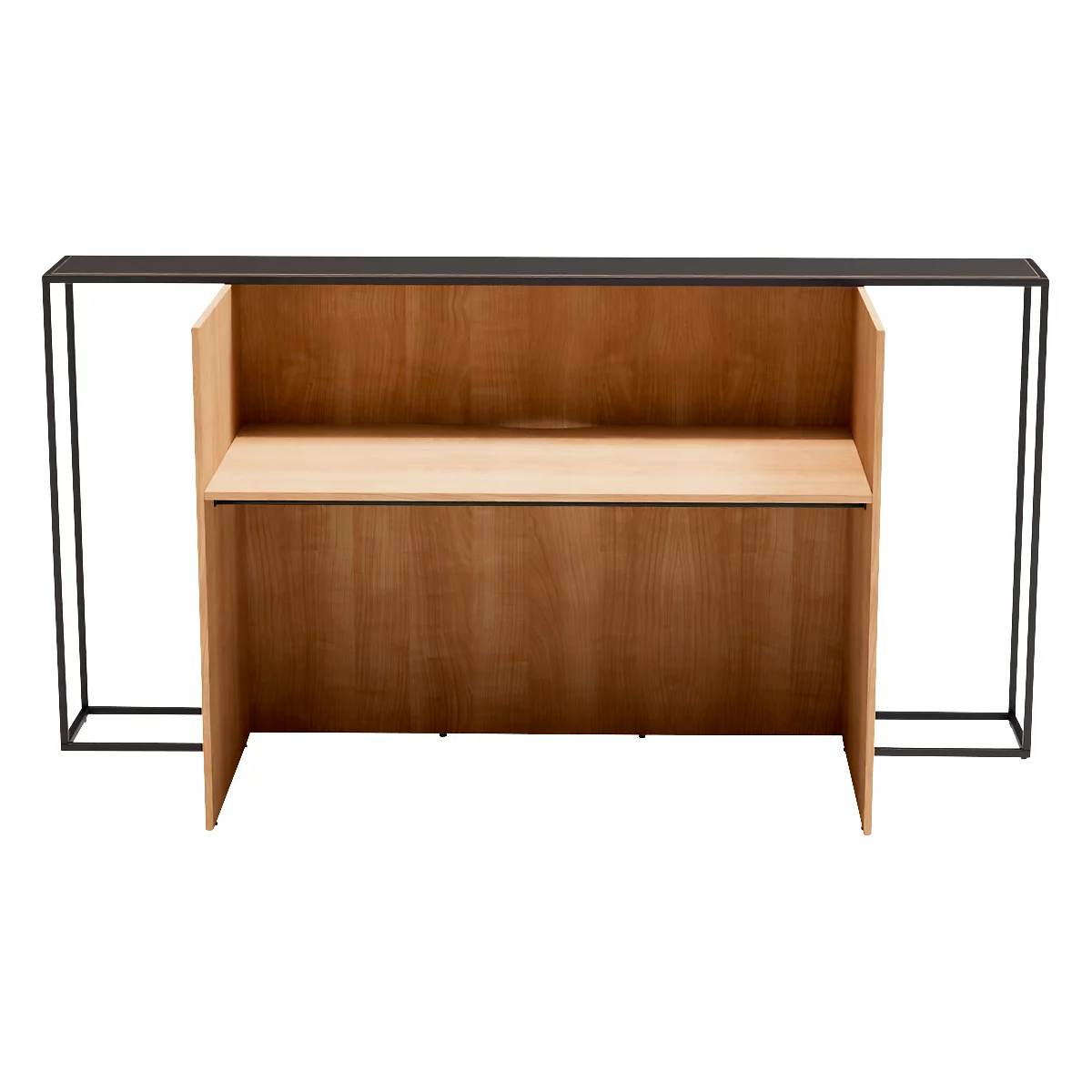 Bureau en bois et métal noir, pieds carrés, plateau clair.