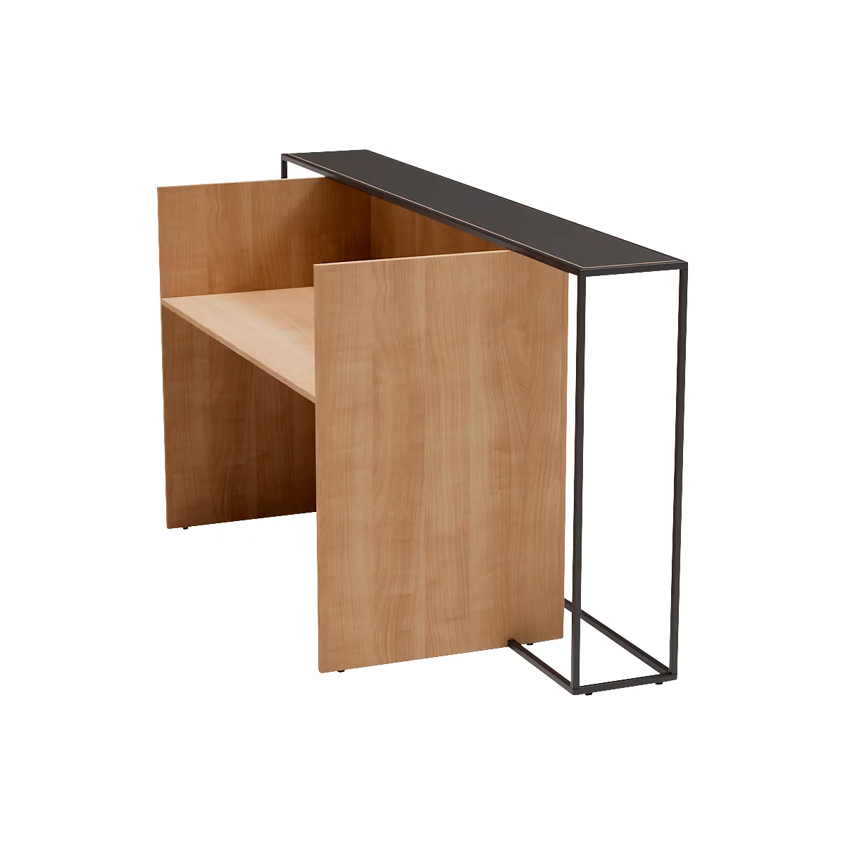 Table d'appoint en bois avec cadre en métal noir. Une étagère étroite et deux surfaces latérales en bois.