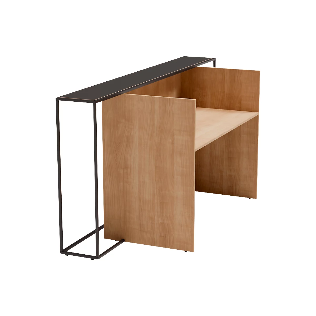 Un bureau minimaliste. Le corps est en bois clair, combiné à un cadre en métal noir et un plateau de table.