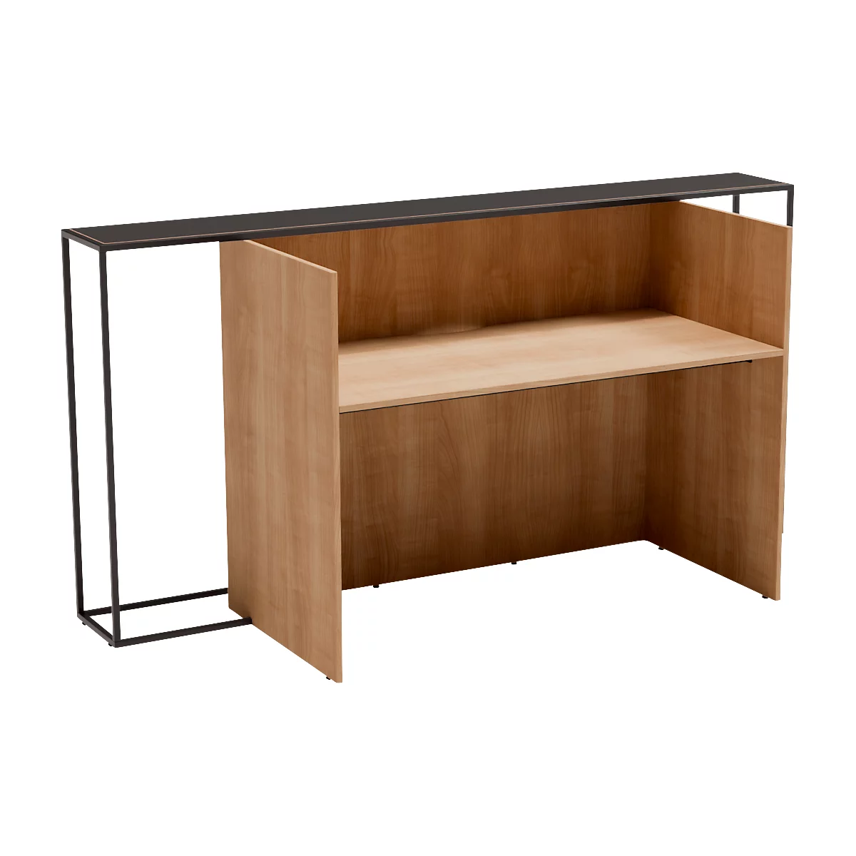 Bureau brun clair avec cadre noir. Le bureau a une étagère et deux portes.