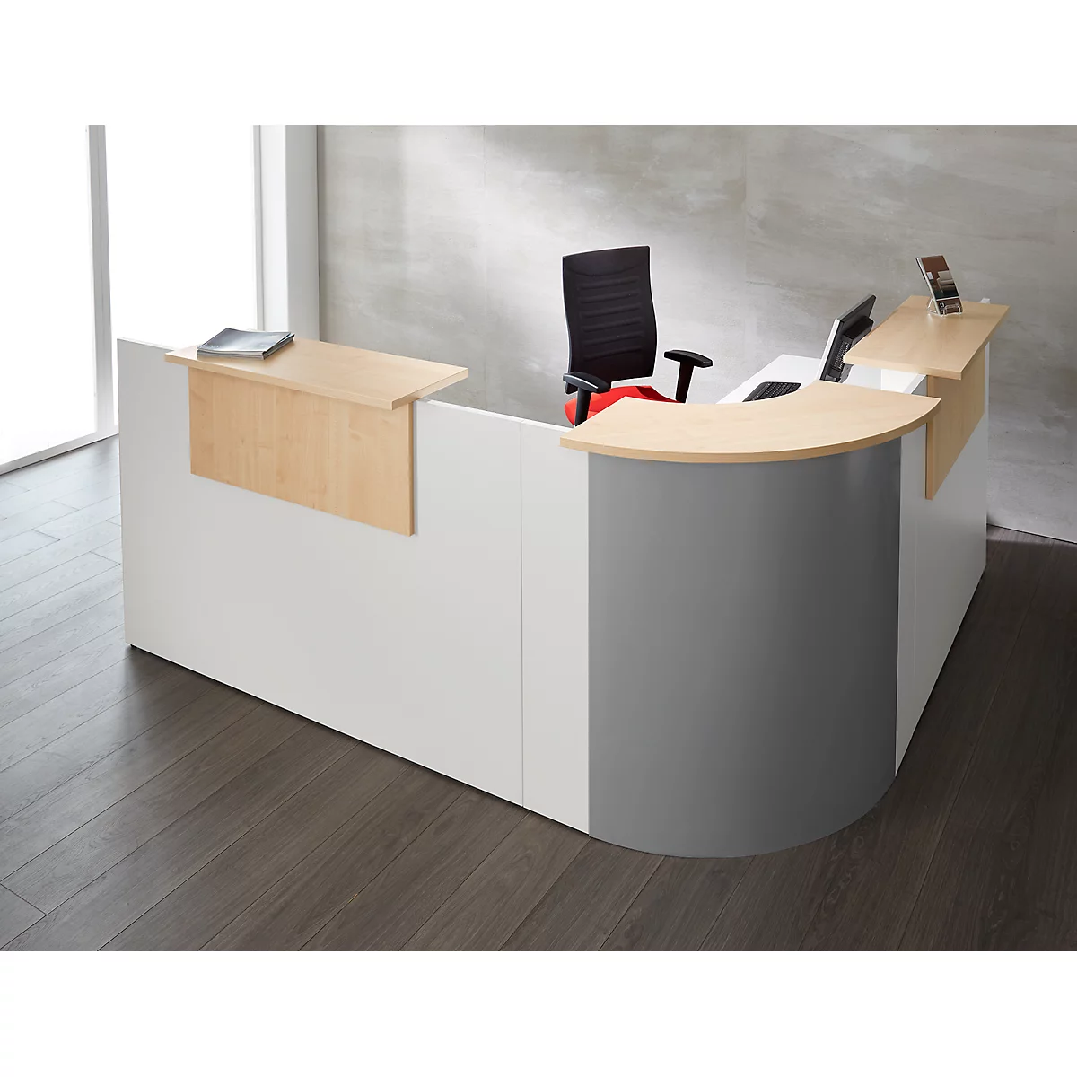 Comptoir en angle Come-In, rond, 3 étagères, largeur 1600 mm, Élément en angle argent, coloris blanc/érable 