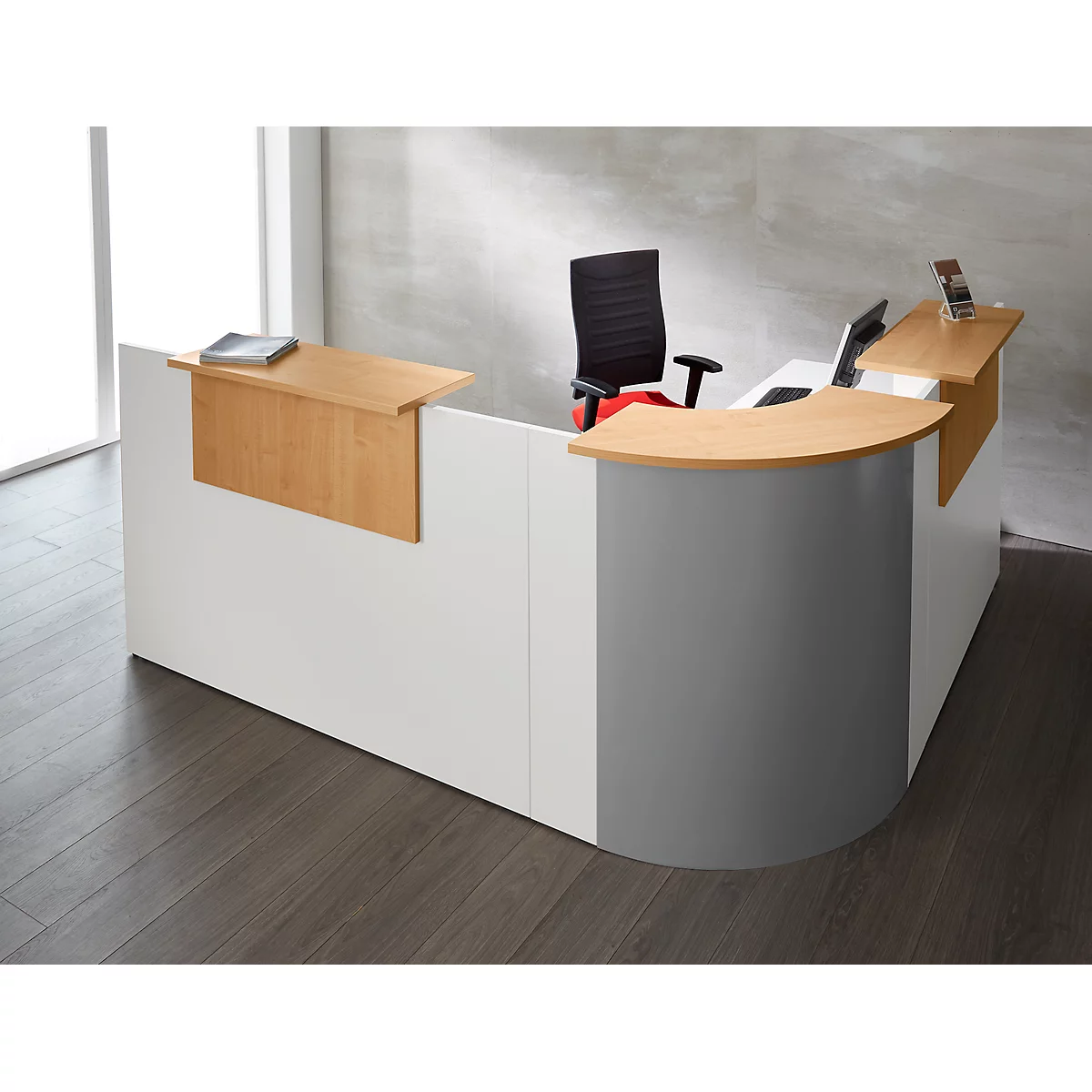 Comptoir en angle Come-In, rond, 3 étagères, largeur 1600 mm, Élément en angle argent, coloris blanc/hêtre 