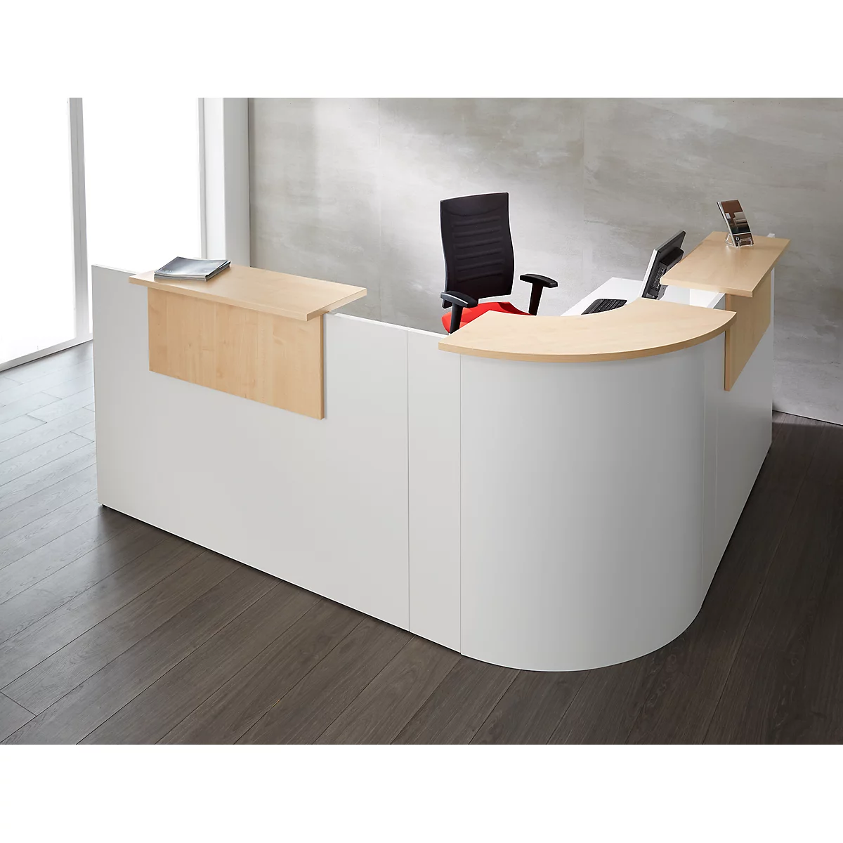 Comptoir en angle Come-In, rond, 3 étagères, largeur 1600 mm, Élément en angle blanc, coloris blanc/érable 