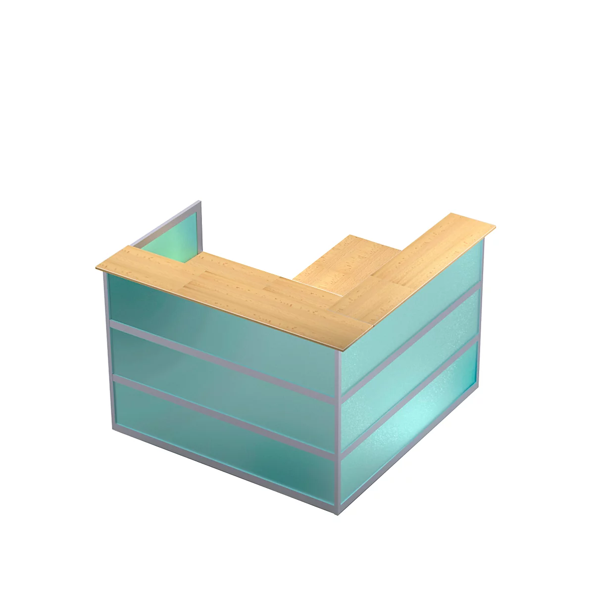 Comptoir en angle Tool, l. 1500 x P 1500 x H 1100 mm, coloris hêtre/verre synthétique vert