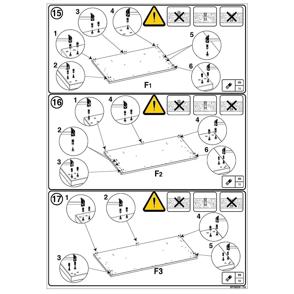 Trois étapes d'instructions de montage de meubles montrant l'insertion de vis dans les composants F1, F2 et F3.