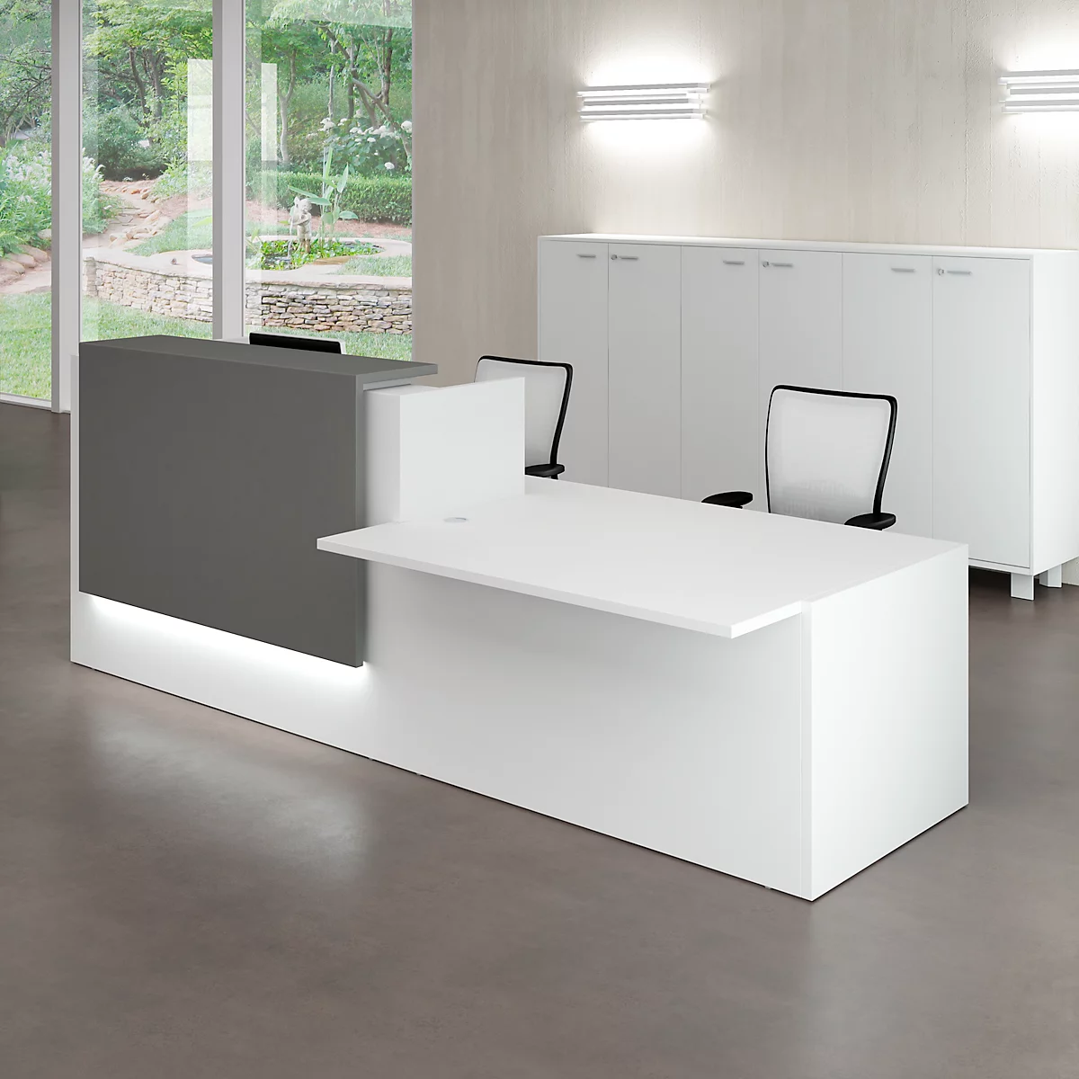 Comptoir Spezia, auget, à gauche, l. 3060 x P 1125 x H 1130 mm, blanc/gris