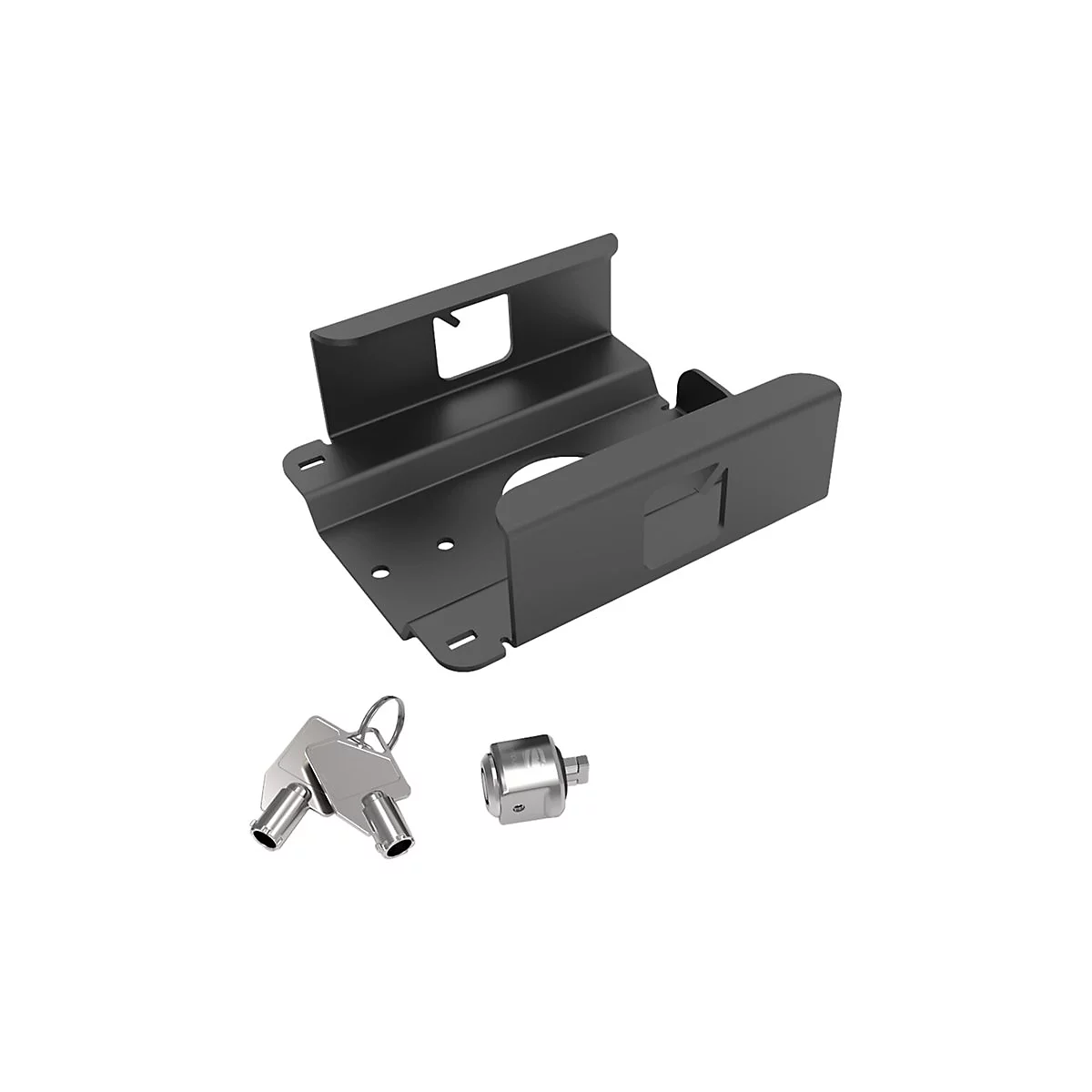 Schwarze Metallhalterung mit zwei SchlÃ¼sseln und einem kleinen Metallteil.