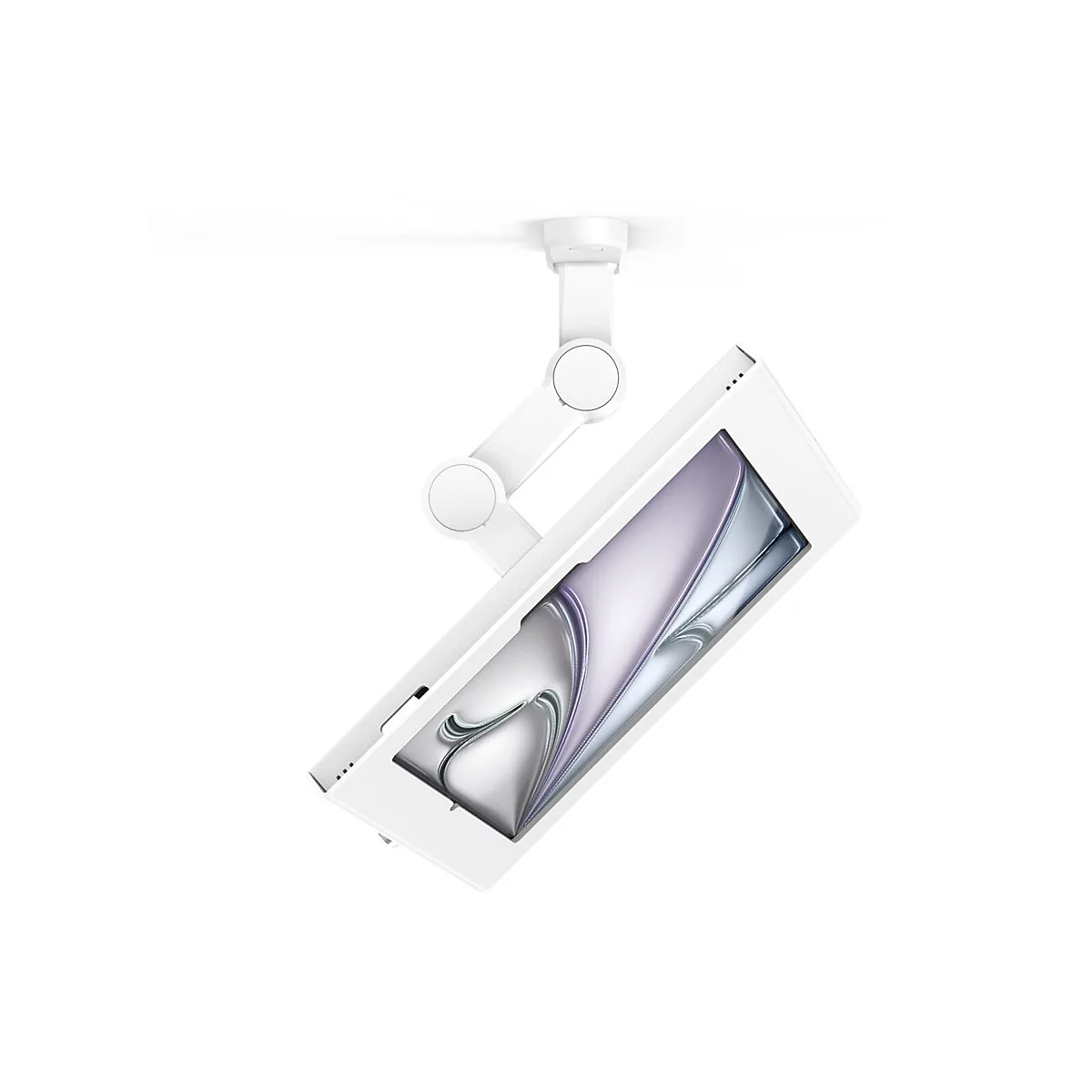 Ein weißes, an der Decke montiertes Gerät mit Display, das an einem Schwenkarm befestigt ist. Das Display zeigt eine abstrakte Grafik in Silber- und Lilatönen.