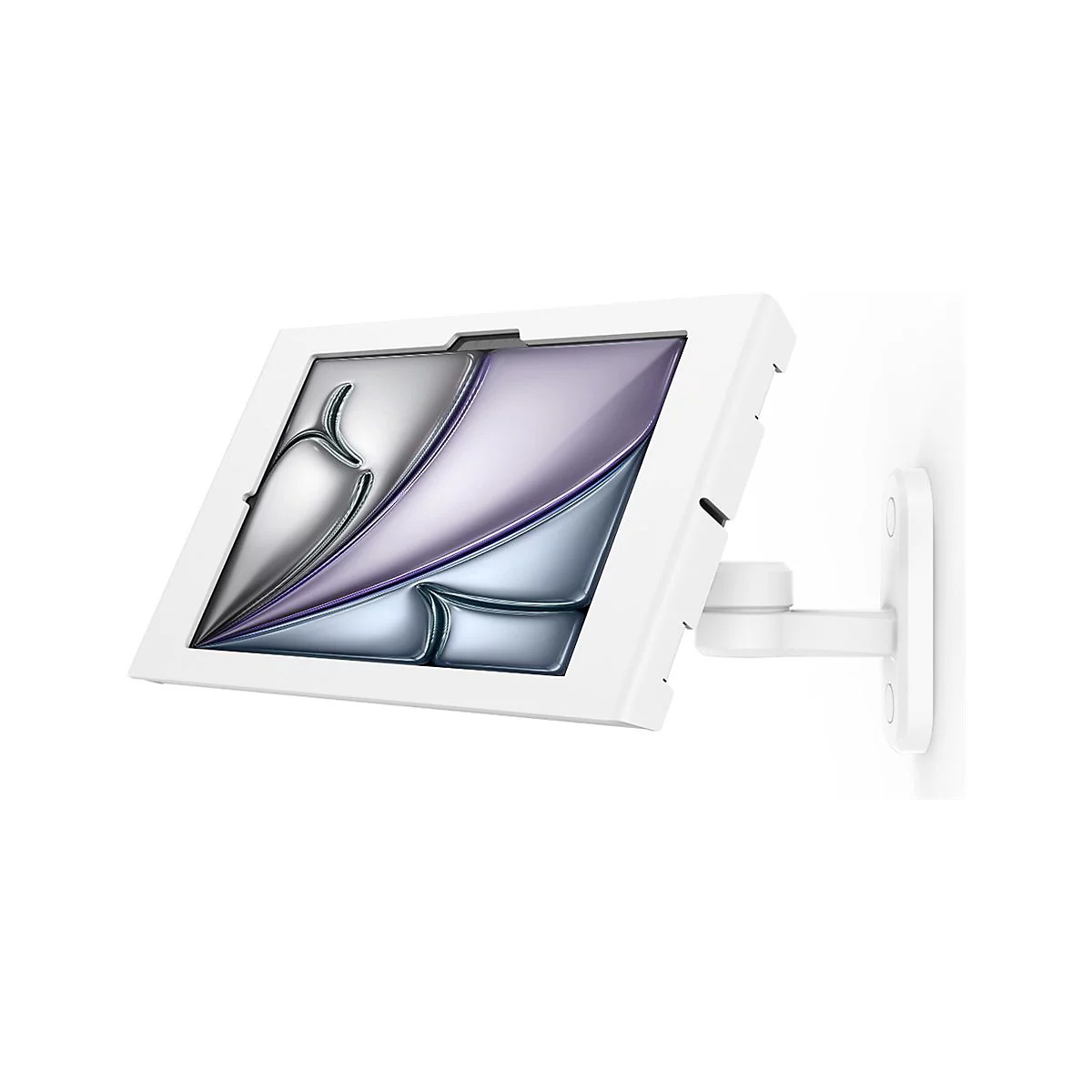 Weißes Tablet mit geschwungenem Hintergrund, an Wandhalterung montiert.