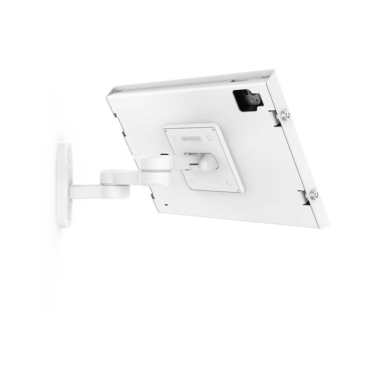 Weißes Tablet an einer weißen Wandhalterung. Die Halterung hat ein Gelenk, das eine Drehung ermöglicht.