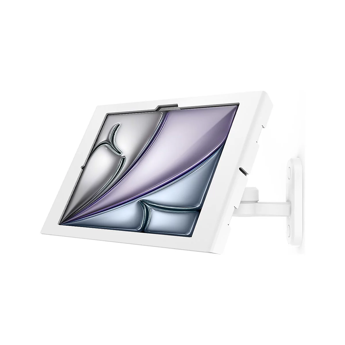 Ein weißes Tablet-Gehäuse an einer Wandhalterung mit einem grauen, violetten und blauen Bildschirmdesign.