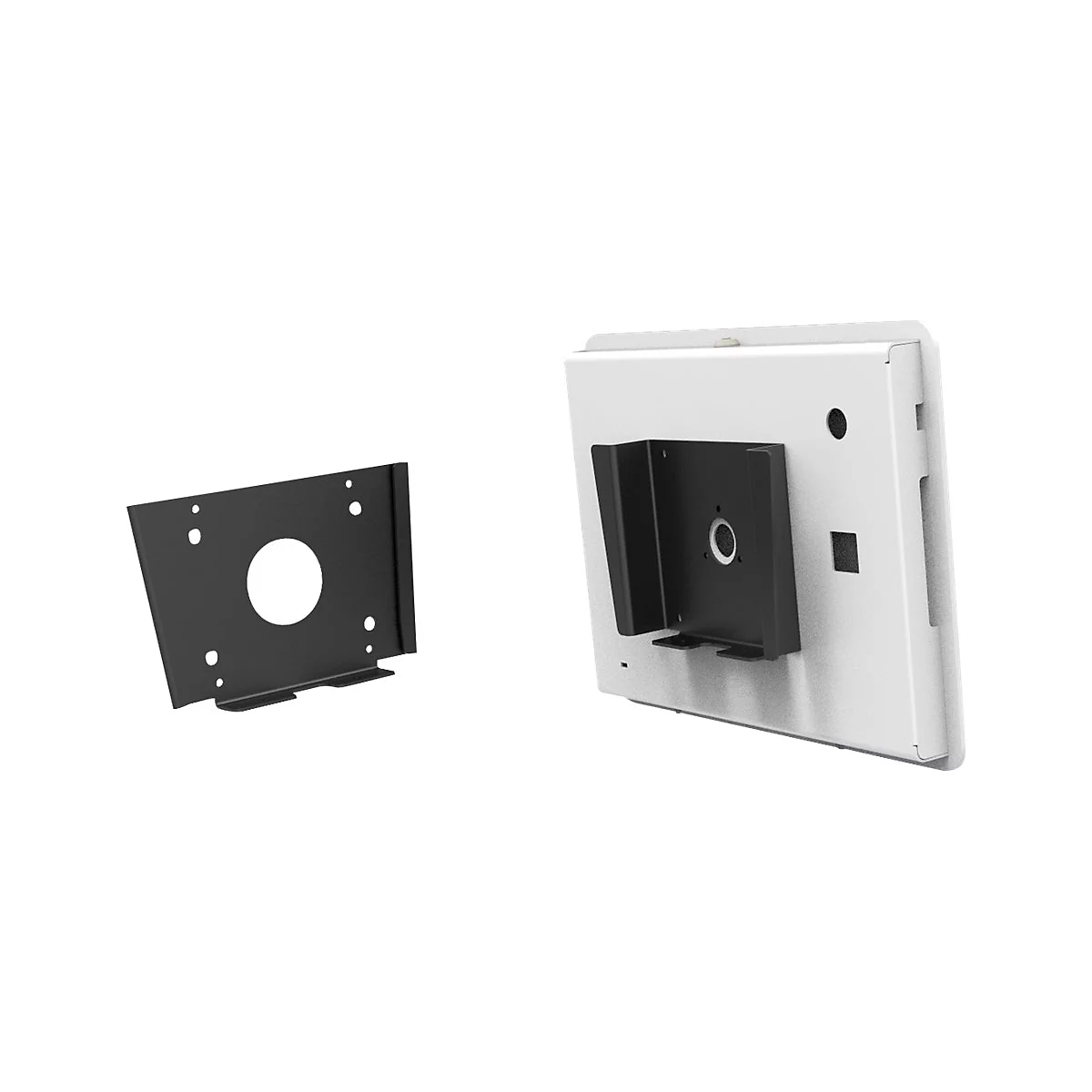 Support noir et blanc pour un appareil, avec trous de vis et supports. Pièces pour l'assemblage.