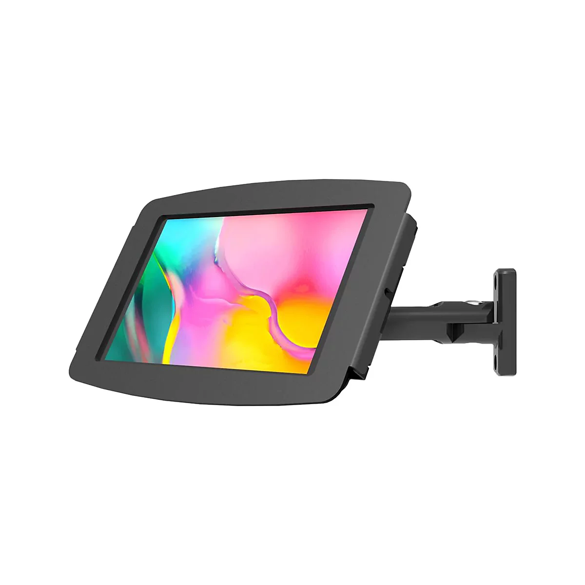 Schwarzes Tablet in einer Halterung, an einer Wand montiert. Das Display zeigt ein farbenfrohes Muster.