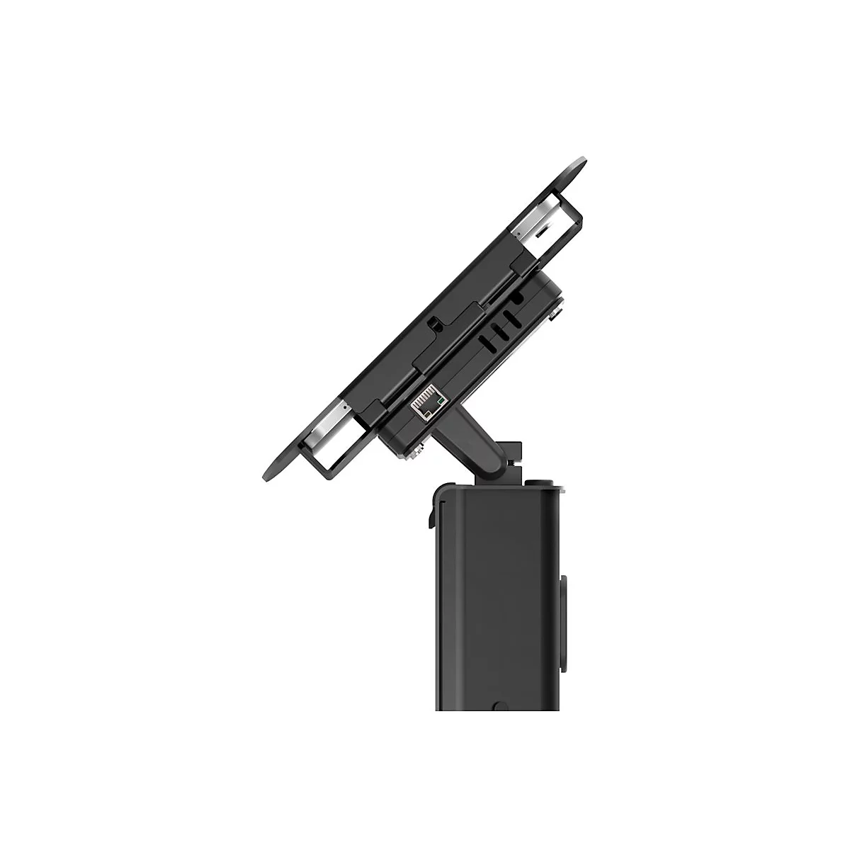 Schwarzes Kassensystem, Seitenansicht. Ein Bildschirm ist auf einem Standfuß montiert.