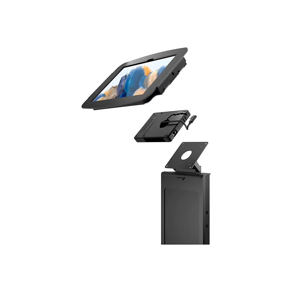 Explosionszeichnung eines schwarzen Tablet-Ständers mit Einzelteilen, vor weißem Hintergrund.