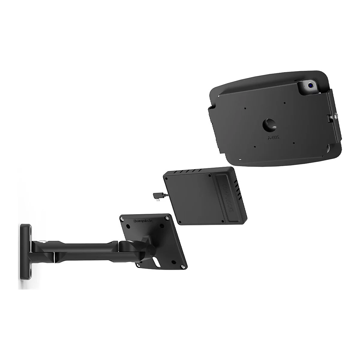 Schwarze Tablet-Halterung, Wandhalterung, Detailansicht. Einzelne Teile und montierte Halterung.