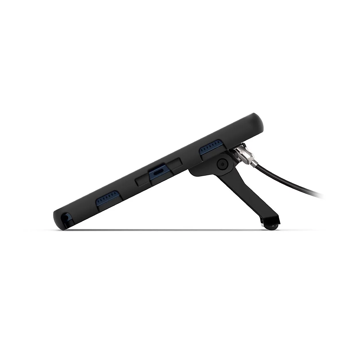 Schwarzes Tablet mit Ständer und Kabelsicherung, Seitenansicht.