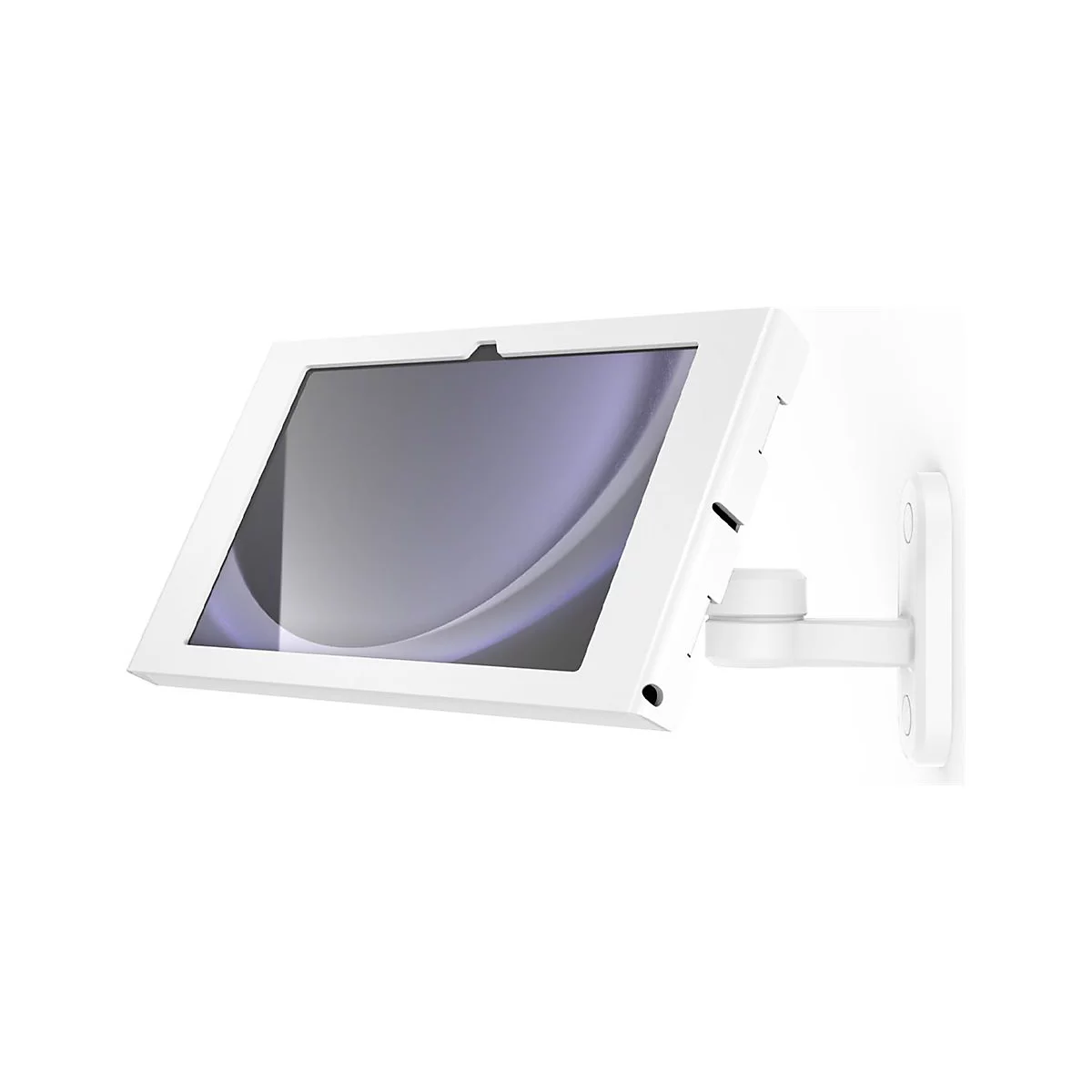 Weißer Tablet-Halter an Wand montiert. Der Bildschirm zeigt eine abstrakte, graue Darstellung. Halterung mit Gelenk.