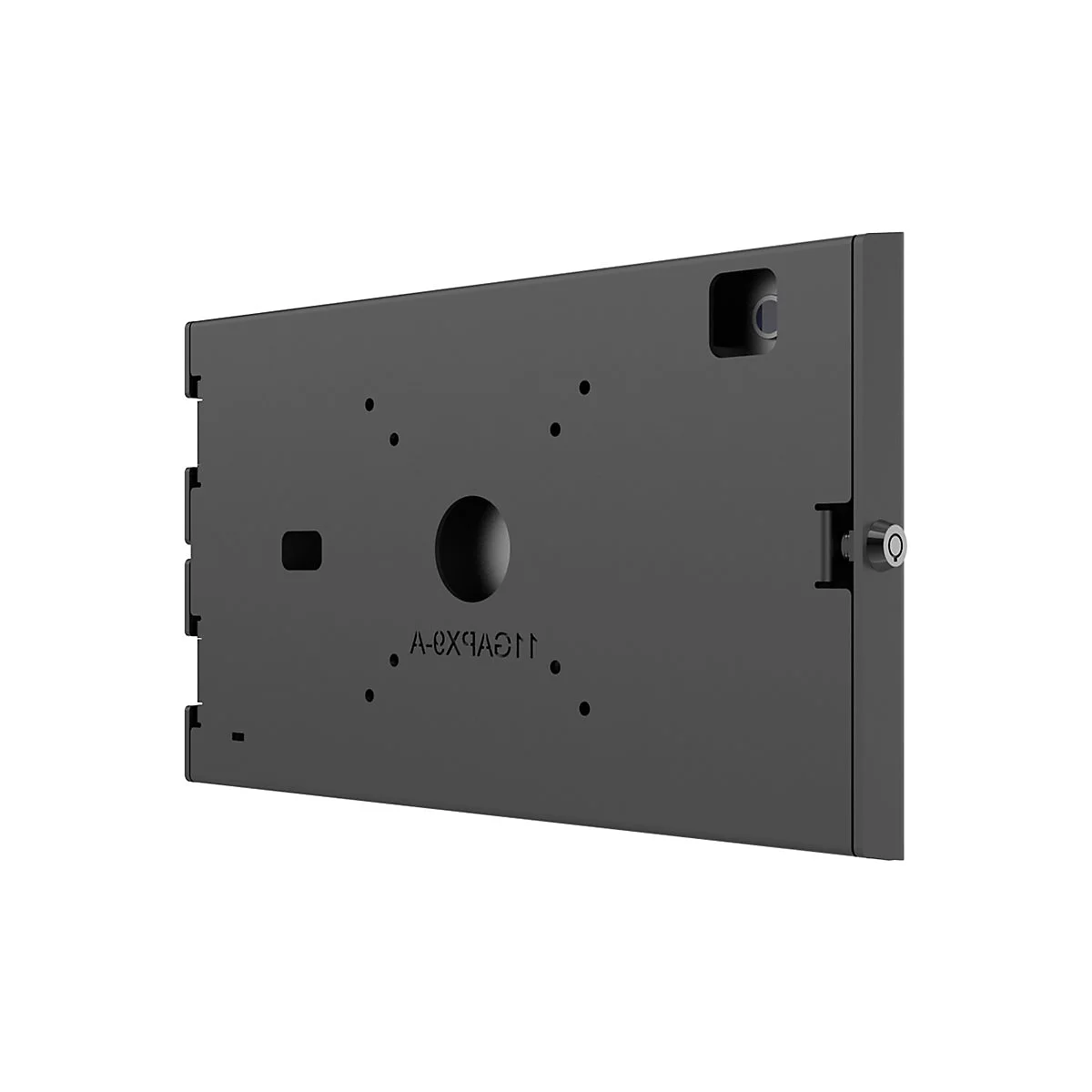 Graue Wandhalterung mit rundem Loch, kleineren Löchern und Aufschrift. Schlosshalterung an der Seite.